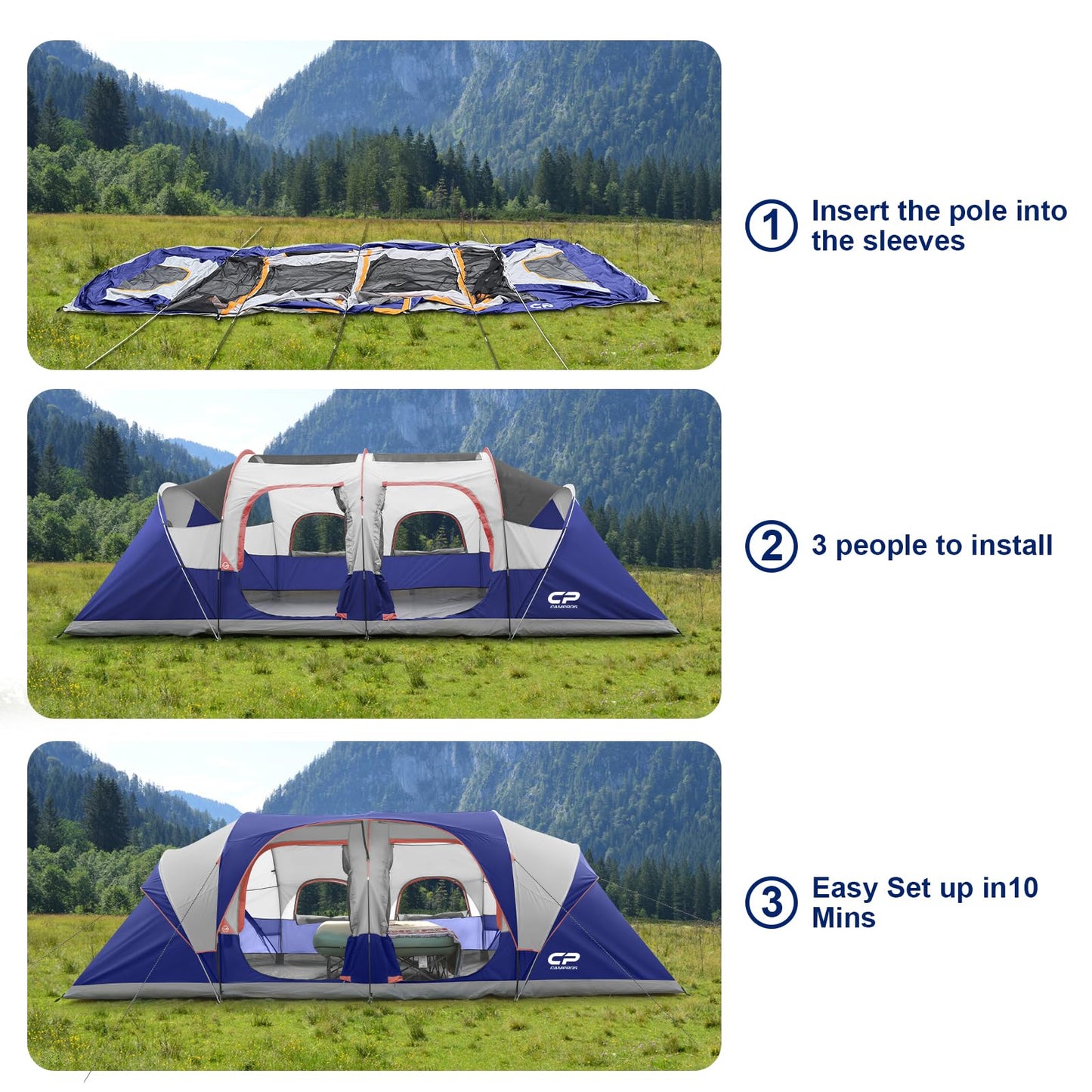 12-Person Three-Room Family Camping Tent with Rainfly