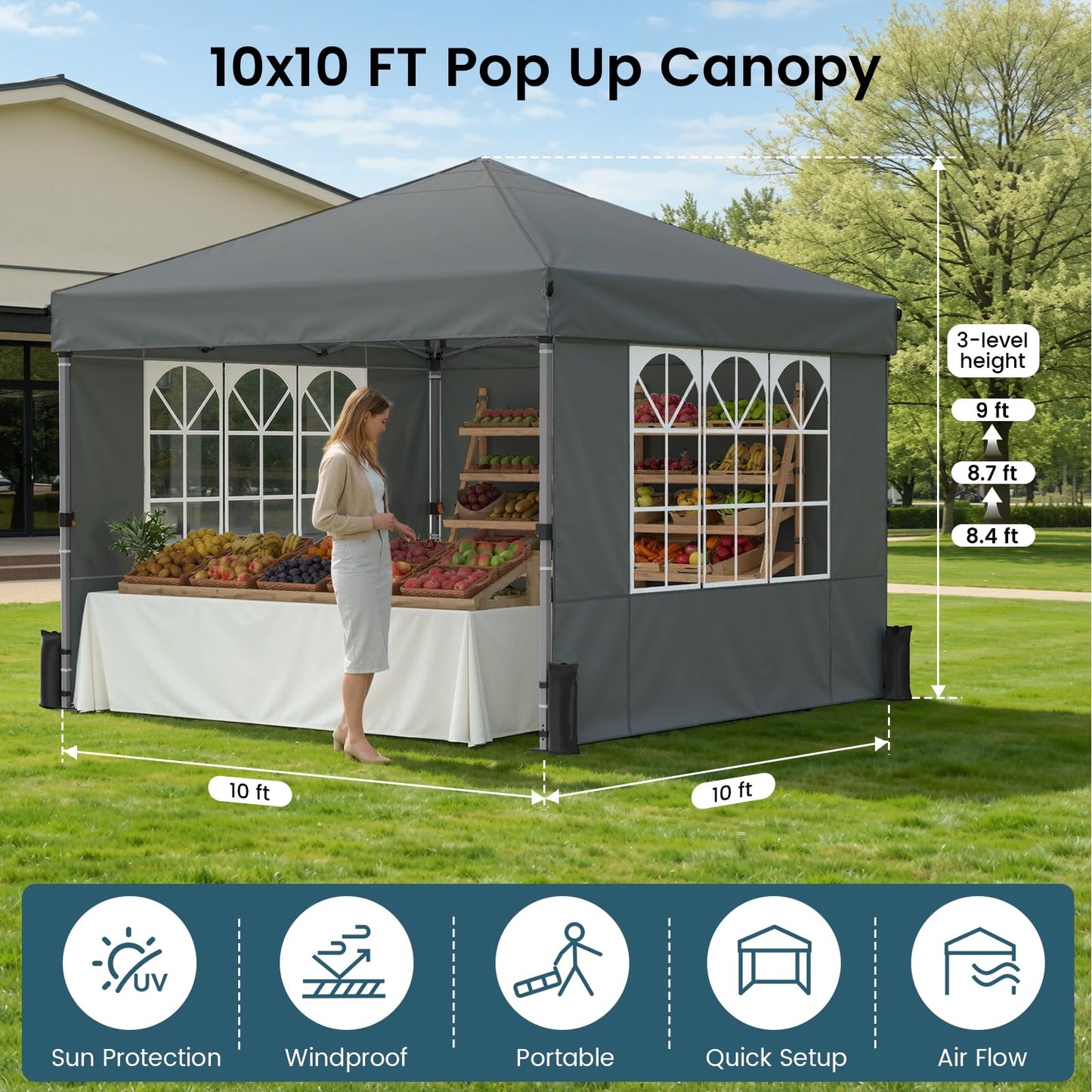 10x10 Pop-Up Canopy Tent with Silver-Coated Top for Camping & Events