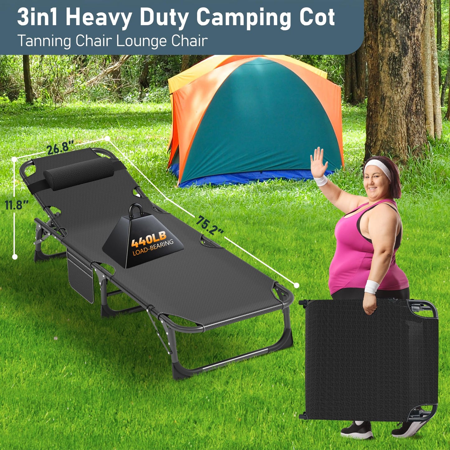 Extra-Wide Heavy-Duty Folding Camping Cot with Carry Bag
