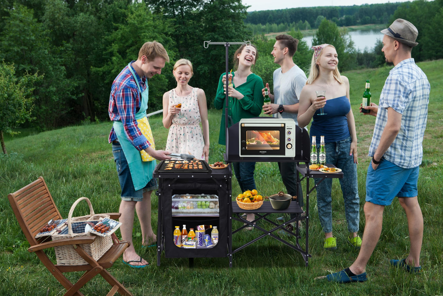 Folding Camping Kitchen Station with Light Stand and Organizers