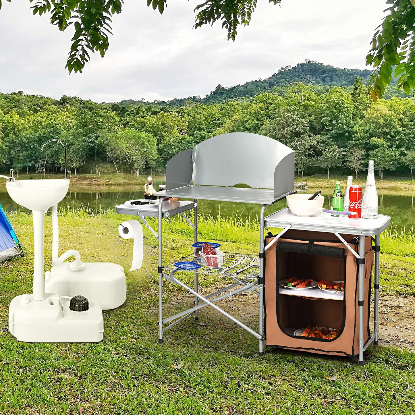 Portable Camping Kitchen Table with Storage and Windscreen