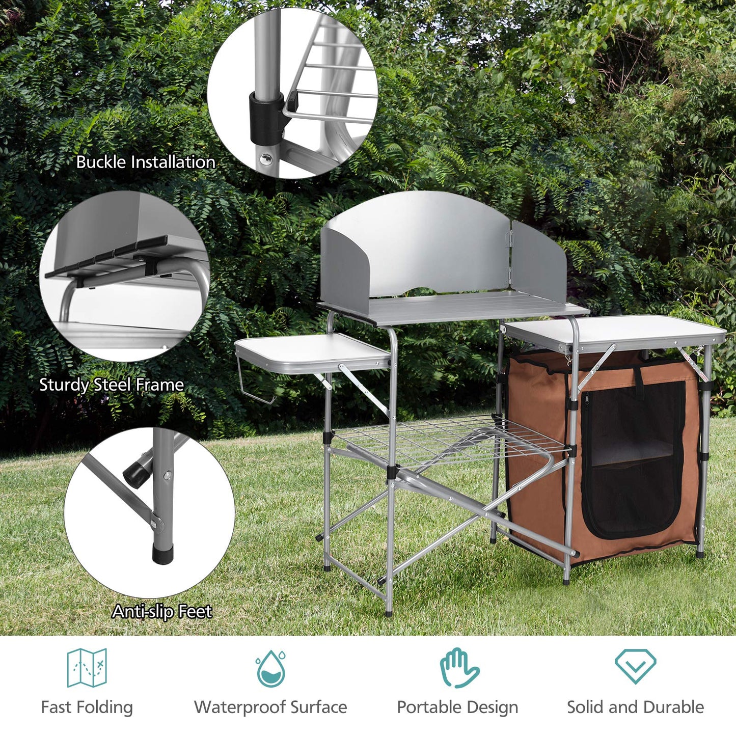 Portable Camping Kitchen Table with Storage and Windscreen