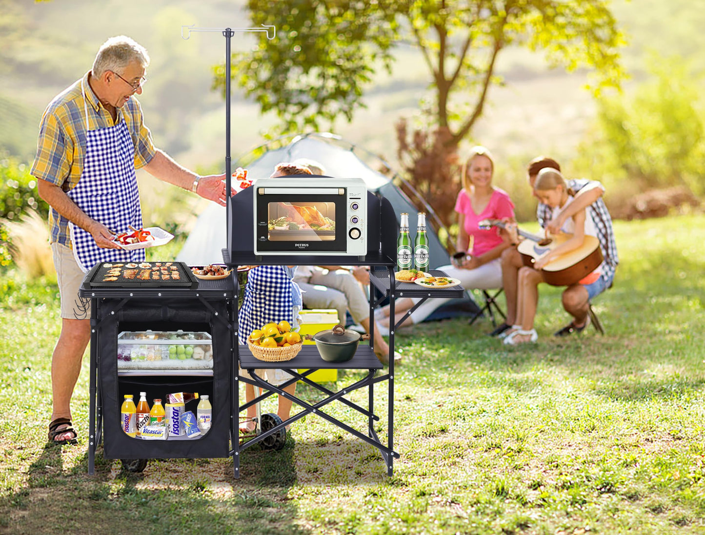 Folding Camping Kitchen Station with Light Stand and Organizers