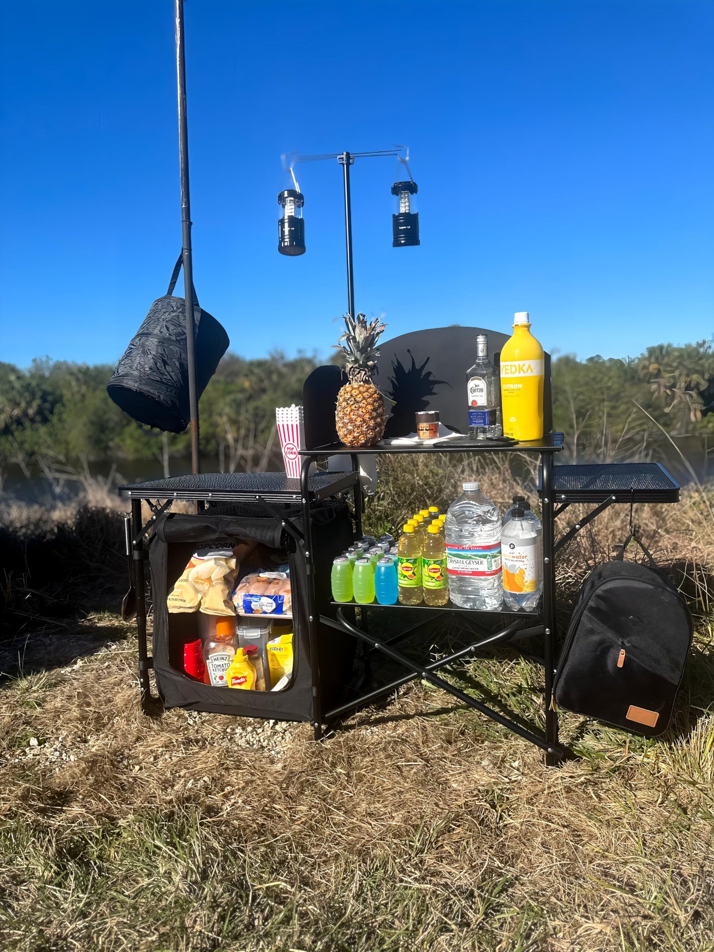 Folding Camping Kitchen Station with Light Stand and Organizers