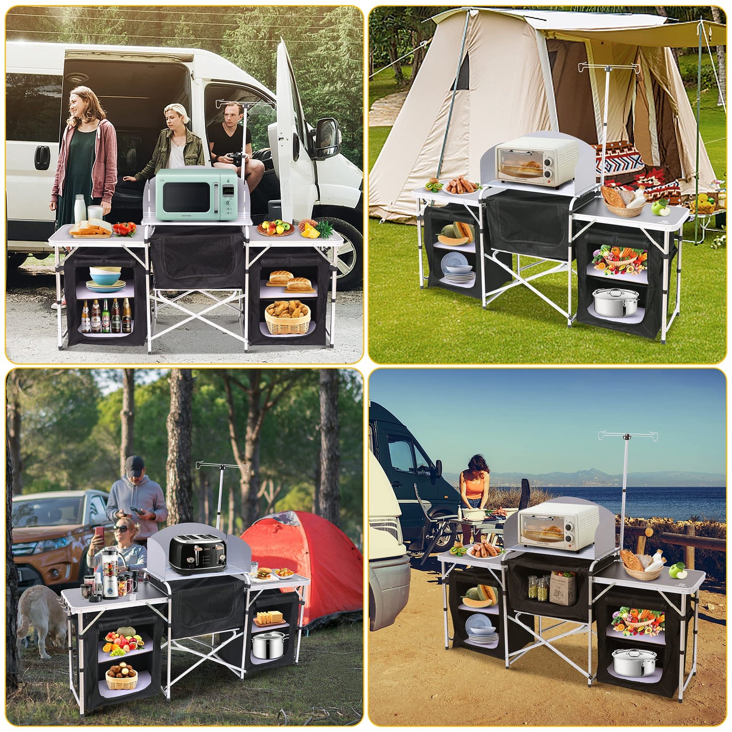 Folding Camping Kitchen Table with Light Stand and Organizers